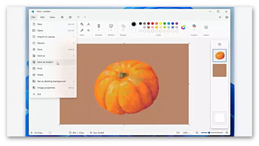 Microsoft Paint çalışmaları, Photoshop’taki gibi “proje” olarak kaydedilebilecek